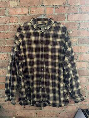 L.L. Bean Men's Large Tall Brown and Cream Plaid Flannel Button Down Shirt